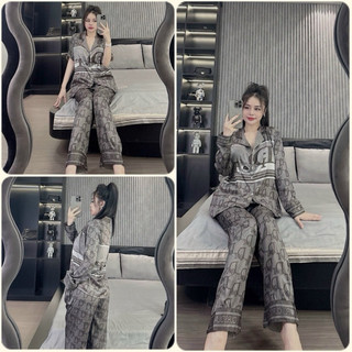 Đồ bộ Pyjama nữ thiết kế in 5D D.O xám lụa xước Sam cao cấp