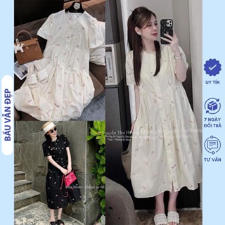 Đầm váy bầu babydoll dự tiệc phối hoa nhí trẻ trung v799 - váy công sở xinh chất mềm đẹp hàng thiết kế freesize