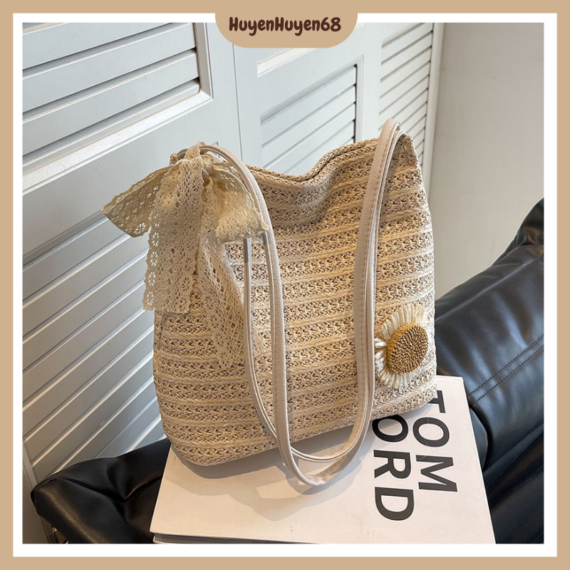 Túi Tote đan cói họa tiết đính hoa dễ thương dành cho nữ phong cách Hàn Quốc, túi đeo chéo sức chứa lớn H261