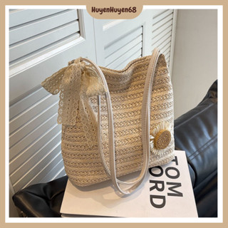 Túi Tote đan cói họa tiết đính hoa dễ thương dành cho nữ phong cách Hàn Quốc, túi đeo chéo sức chứa lớn H261