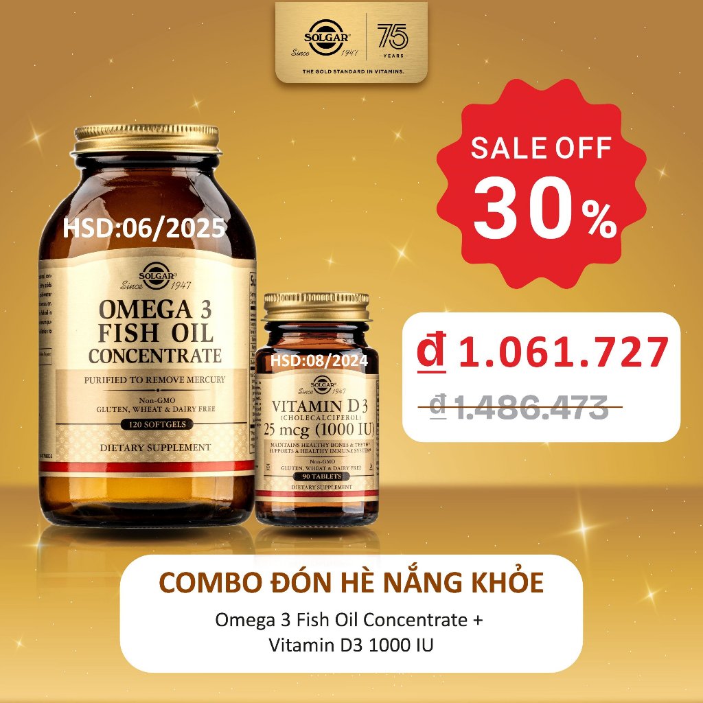 Combo Đón hè Nắng khỏe - Solgar Omega 3 Fish Oil Concentrate - Solgar Vitamin D3 15 mcg (1000 IU)