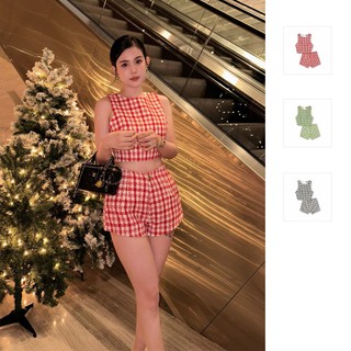 Set Nữ Caro Short Sleeveless, Chất Vải Bố Tweed Thoải Mái, WSB023, SOMEHOW