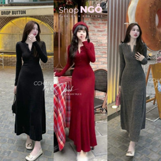  Đầm váy thời trang nữ,đầm body dáng dài xoè nhẹ cổ cúc tay dài chất thun tăm lạnh 3 màu Cực tôn dáng sang trọng 