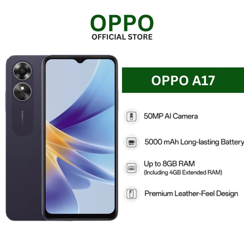 Điện thoại thông minh OPPO A17 | RAM 4GB + ROM 64GB | Bộ nhớ có thể mở rộng lên tới 4GB | Máy ảnh trí tuệ nhân tạo 50MP | BigBuy360 - bigbuy360.vn