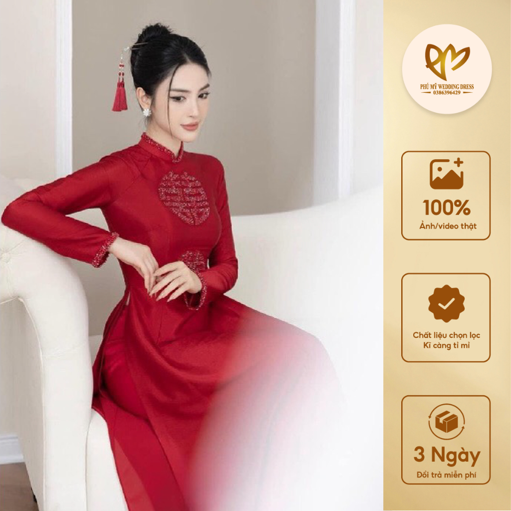 Áo dài cô dâu chữ hỷ lụa vân gỗ