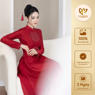 Áo dài cô dâu chữ hỷ lụa vân gỗ