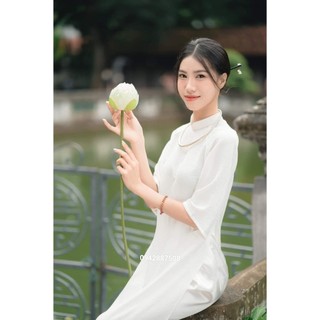 Áo dài nữ, áo dài cách tân dáng suông màu trắng kem, áo dài học sinh lụa mềm, dày dặn mặc xinh