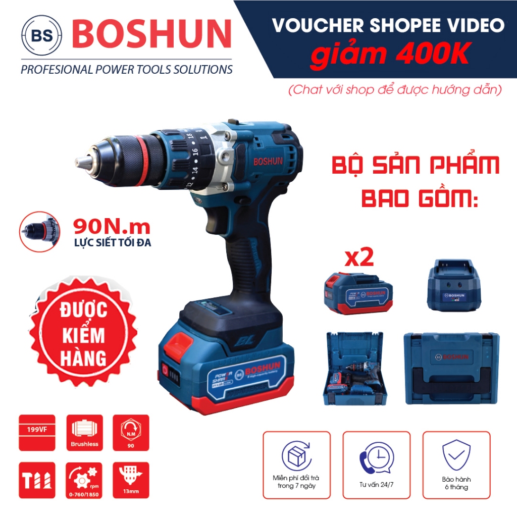 Máy Khoan pin 3 chức năng BOSHUN BS-ID1390BL Không chổi than, Máy khoan pin 13mm có autolock ruột đồng 100% Chính Hãng