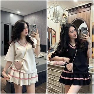 Set Bộ 2 Món Áo Ngựa Thêu Cổ Tim Girl Phố Mix Chân Váy Xếp Ly 2 Lớp Phối Sọc Hồng Style Thể Thao, Hot Teen YUNA68 SET012