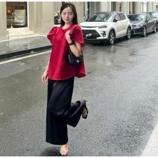 Set Bộ Đi Chùa, Set Áo Cách Tân Cổ Tròn Dáng Suông Tay Bồng Phối Quần Lụa Suông Đen Dáng Dài 3 Tone Màu yuna68 SET013