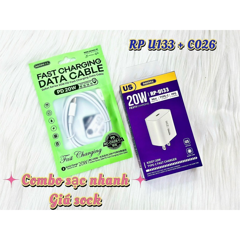 Củ sạc nhanh Remax 20W RP-U133. Sạc siêu nhanh giá siêu rẻ, 30 phút đầy 50% kèm cáp sạc nhanh 20W RCC-C026