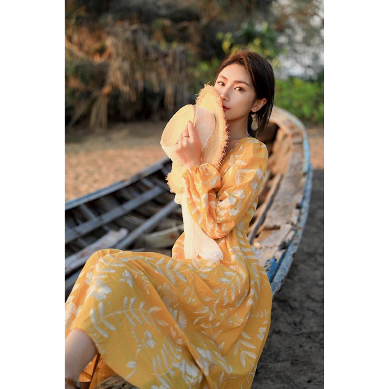 Đầm maxi vàng vintage (SẴN S)