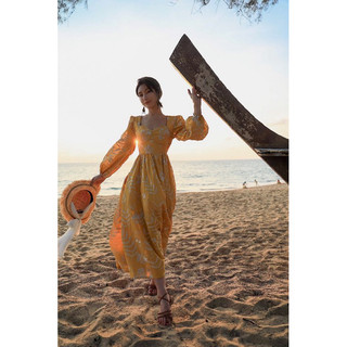 Đầm maxi vàng vintage (SẴN S)
