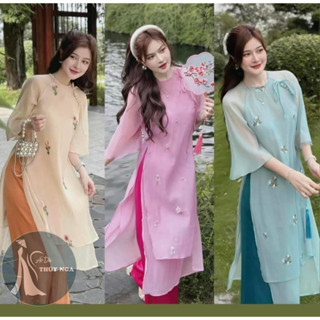 [BIGSIZE 45-80KG] SET ÁO DÀI CÁCH TÂN NỮ HOA THÊU 2 LỚP, hoa nhí 4 tà màu hồng xanh cam mặc tết, đi lễ, đi chùa, đồ lam