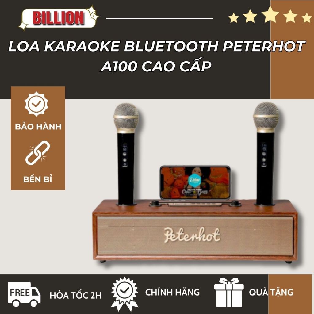 Loa Karaoke Bluetooth PETERHOT A100 cao cấp kèm 2 micro, công suất 20W bass trầm, thiết kế vỏ gỗ sang trọng .
