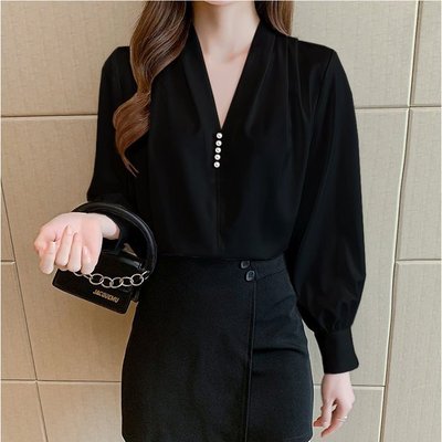 GOTI - Áo Kiểu Hàn Quốc Nữ Tính Vải Lụa Cao Cấp Cổ V Tay Dài Đính 5 Hạt - Nhiều Màu 3A25 3A18 3A19