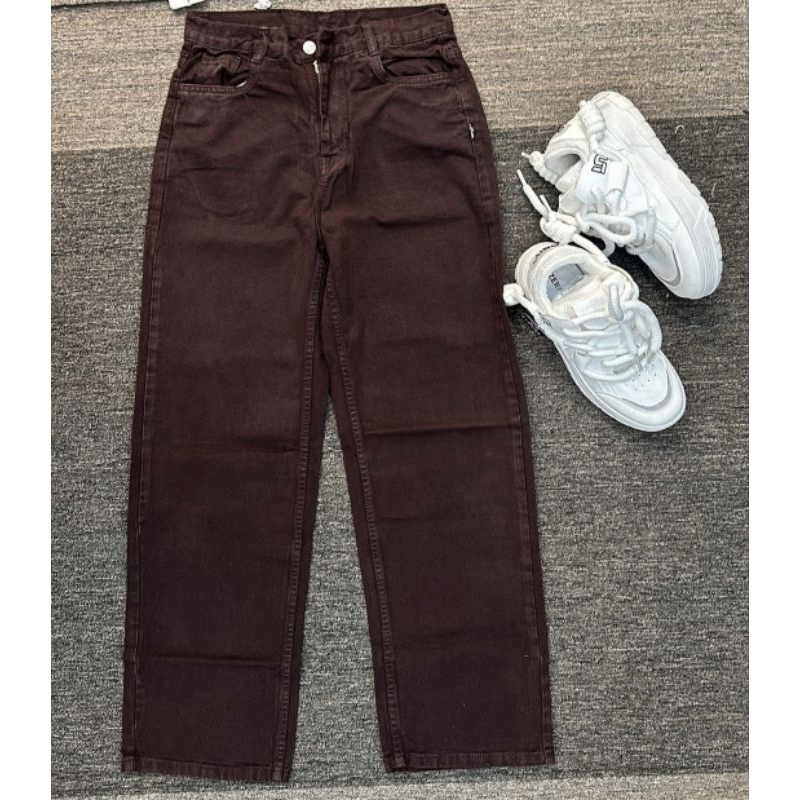 Quần jeans FOREVER 21 denim kaki baggy lưng cao xắn gấu màu nâu