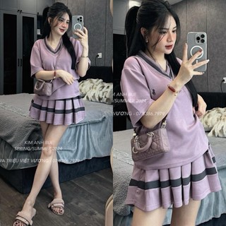 [Hàng Shop]: Set Áo Tím Mì XốpThêu Logo PL Cổ Tim Điệu Đà Mix Chân Váy Xếp Ly Có Quần Bảo Hộ (Ảnh Thật Trải Sàn) Lollaye