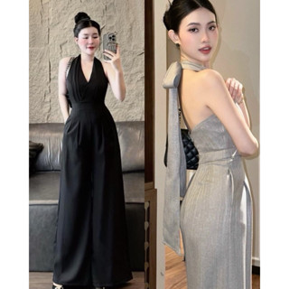 (Size S/L)Jum nữ dài hở lưng thắt dây nơ dáng dài ống rộng, Jum Cổ Yếm Nơ Sau 2 Màu Đen và Nâu