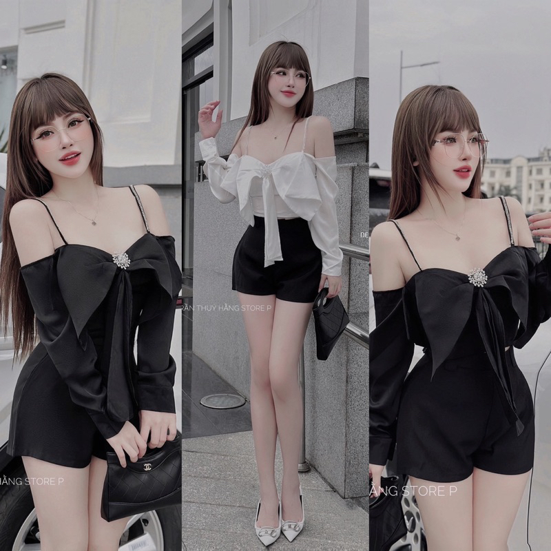 Áo Lụa Nơ Trễ Vai Kèm Quần Sooc Cạp Cao