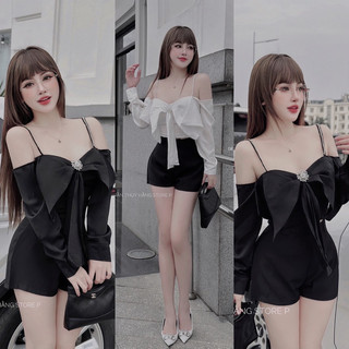 Áo lụa nơ trễ vai kèm quần sooc cạp cao