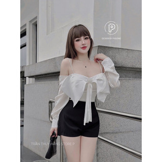 Áo Lụa Nơ Trễ Vai Kèm Quần Sooc Cạp Cao