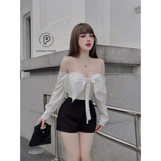 Áo Lụa Nơ Trễ Vai Kèm Quần Sooc Cạp Cao