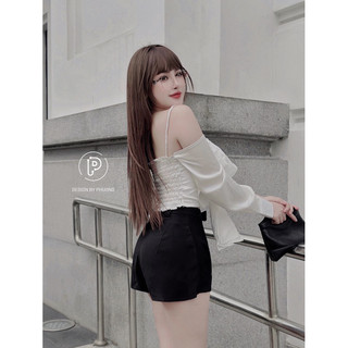 Áo Lụa Nơ Trễ Vai Kèm Quần Sooc Cạp Cao