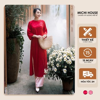 Áo dài nữ michi house set áo dài tết cách tân dáng dài qua gối có kèm quần lụa phom dáng suông in hoa nhí nổi bật ad11