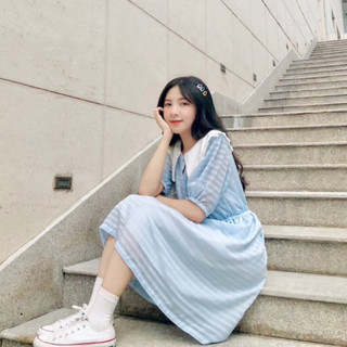 Đầm Babydoll Xanh Cổ Trắng Xinh Xắn