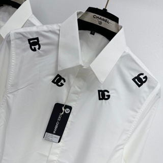 Áo sơ mi trắng nam dài tay Dolce trơn thêu logo chữ DG quanh cổ che khuy dáng đơn giản basic SM85P