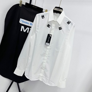 Áo sơ mi trắng nam dài tay Dolce trơn thêu logo chữ DG quanh cổ che khuy dáng đơn giản basic SM85P