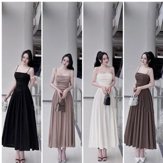 Đầm Body Hai Dây Nhúm Dáng Xoè Dài thun tăm