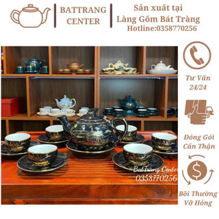 (SIÊU HOT)Ấm chén pha trà hoả biến Bát Tràng-dáng Phượng,men Đen,Vẽ Vàng:ThuậnBuồm Xuôi Gió,Mã Đáo Thành Công