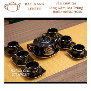 (7 MẪU)Ấm chén pha trà hoả biến Bát Tràng-men Đen hàng cao cấp Vẽ Vàng:ThuậnBuồm Xuôi Gió,Mã Đáo Thành Công