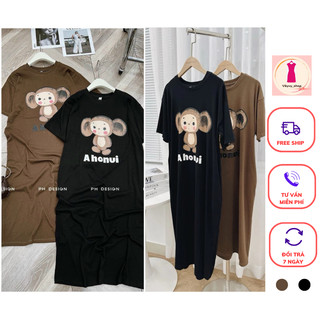 Váy suông dáng dài cộc tay hình chú Khỉ ngộ nghĩnh có hai màu chất vải cotton pha đũi mát mẻ bao xinh
