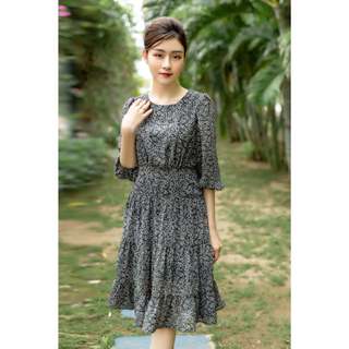 Đầm tay dài hoa nhí vải voan hàn ChaChy CC45
