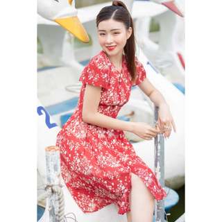Đầm ngắn tay hoa nhí Đỏ vải voan hàn ChaChy CC54