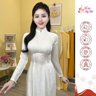 ÁO DÀI GẤM LỤA THÁI TUẤN CỔ 3P TAY DÀI MÀU TRẮNG