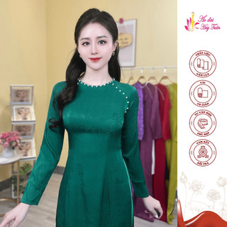 Áo gấm cổ tròn lụa thái tuấn màu xanh két