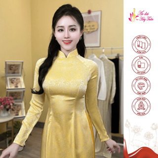 ÁO DÀI TRUYỀN THỐNG  GẤM  LỤA THÁI TUẤN CỔ 3P TAY DÀI MÀU VÀNG NHẠT