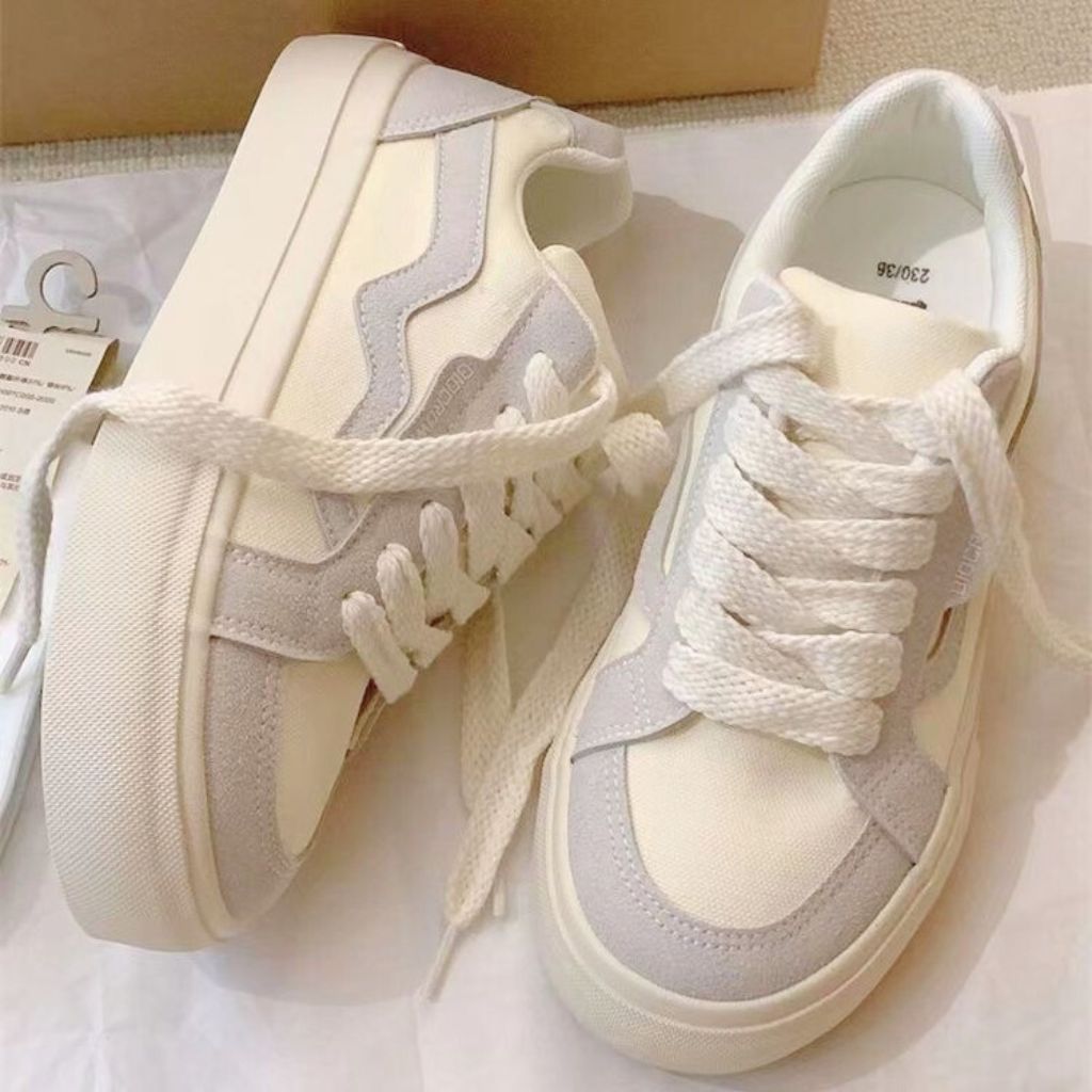 Giày thể thao nữ chất vải dáng basic cá tính đế cao màu đen trắng kem năng động trẻ trung hot trend đẹp mới đơn giản S74