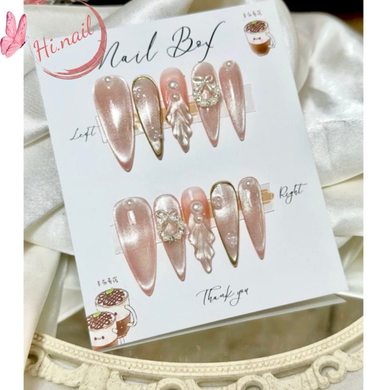 Nail box thiết kế , móng úp mắt mèo nhọn , móng tay giả đính đá dài , mẫu nail cô dâu