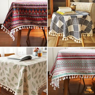 Khăn trải bàn Lanh Cotton họa tiết Thổ Cẩm có Tua rua sang trọng, khăn trải bàn ăn, bàn làm việc decor trang trí phòng