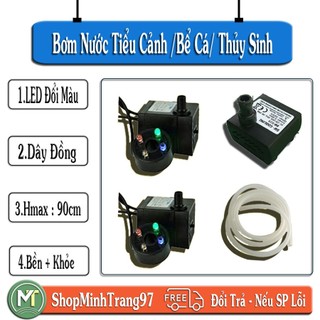 Máy bơm tiểu cảnh mini có đèn - máy bơm chìm - dùng cho thác nước phong thủy, bể cá dây đồng 100%