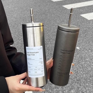 ( Mẫu Mới 2024) Bình đựng nước giữ nhiệt Iced Americano có ống hút dung tích 600ml, Ly cốc giữ nhiệt cute