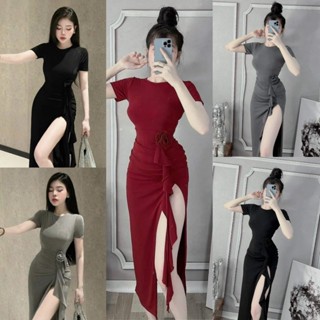  Đầm body dáng dài cổ tròn nhún eo tay ngắn xẻ tà hông phối hoa sang chảnh chất thun Ladong mềm mịn O7x2Q 