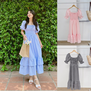 Đầm Caro Xanh Blue Tay Phồng Bèo 2 Tầng - Muse Dress