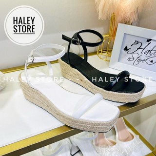 Giày cói sandal 6cm HALEY STORE trắng đen đế xuồng nâu quai bảng khóa cài tiểu thư công chúa đi chơi đi làm du lịch