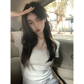   THANH LÝ 99K  Áo thun form ôm baby tee cổ tròn viền ren phối nơ NAS2301 